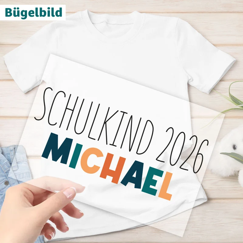 Bügelbild - Schulkind - Wunschname bunt - blau