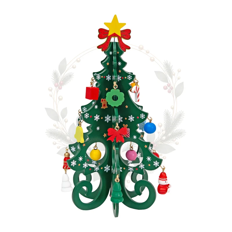 Weihnachtsbaum aus Holz, gruen mit Anhaengern, 19 x 14 cm
