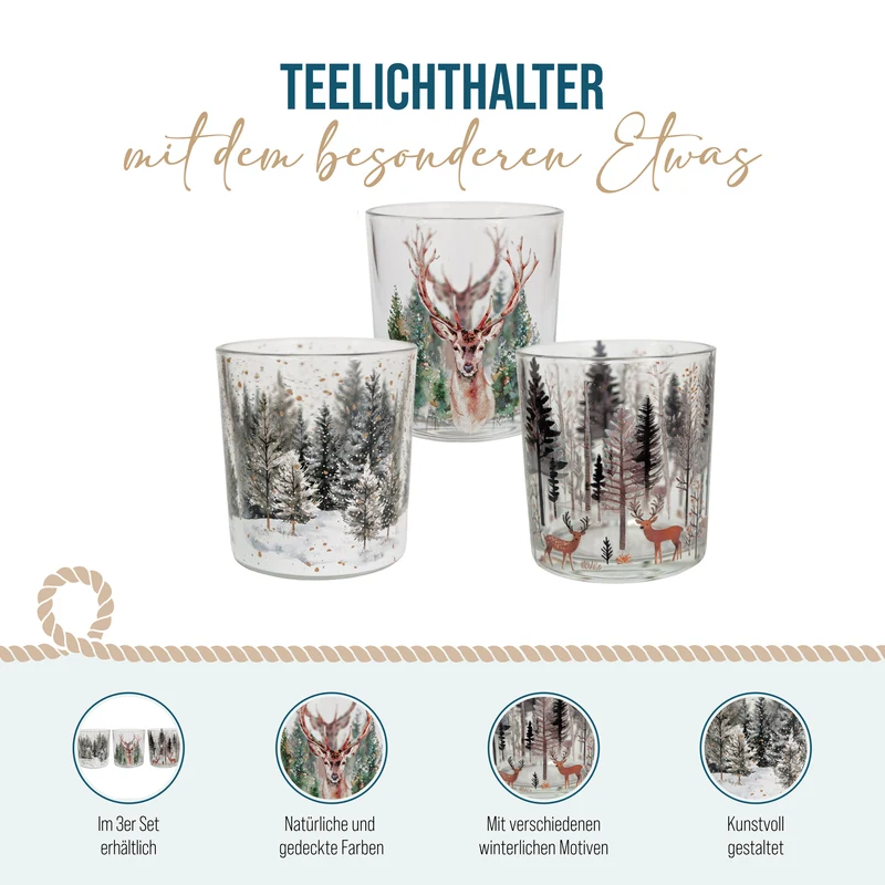 3er Set Teelichtglaeser Weihnachtswald mit Hirschmotiv, 7,5 x 8 cm