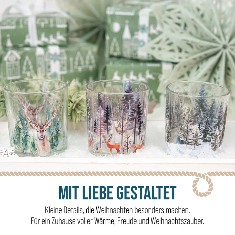 3er Set Teelichtglaeser Weihnachtswald mit Hirschmotiv, 7,5 x 8 cm