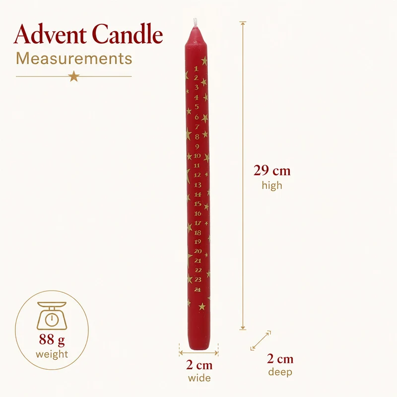 Red Christmas Advent Candle, Festive Gold Star Countdown Dinner Candle