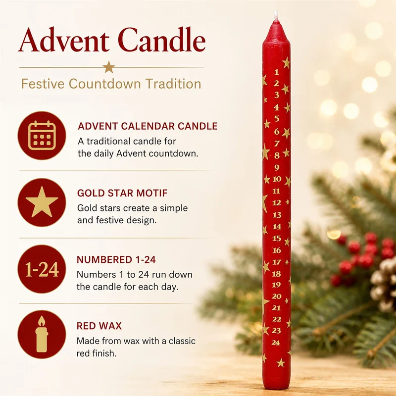 Red Christmas Advent Candle, Festive Gold Star Countdown Dinner Candle