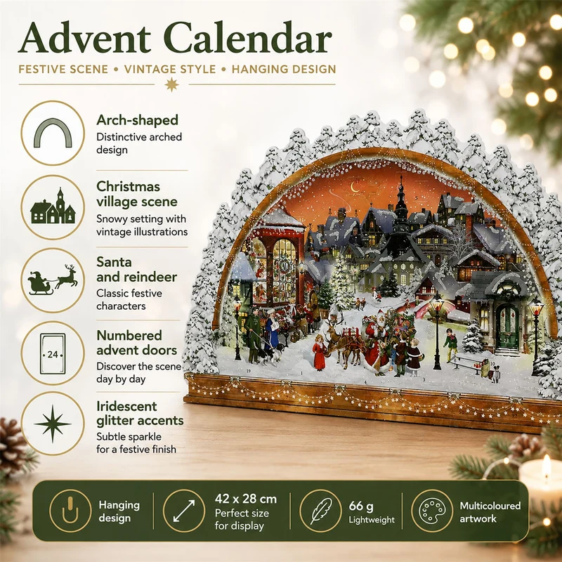 Christmas Village Arch Advent Calendar with Santa Scene, 42cm Hanging Calendar