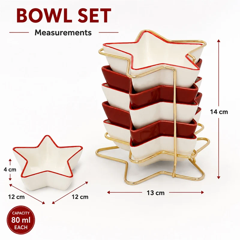 Star-Shaped Set of Snack Bowls, Ceramic Christmas Serving Bowls with Rack