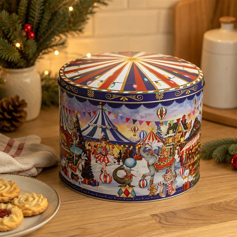 Christmas Storage Tin, Round Metal Carousel Biscuit Tin, 20 cm, Assorted