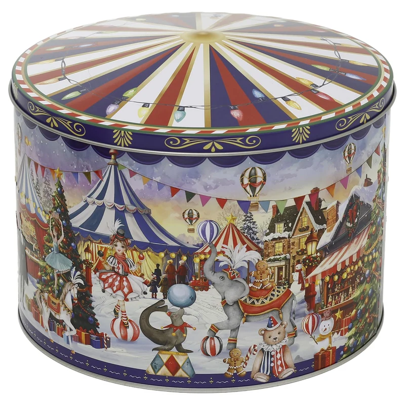 Christmas Storage Tin, Round Metal Carousel Biscuit Tin, 20 cm, Assorted