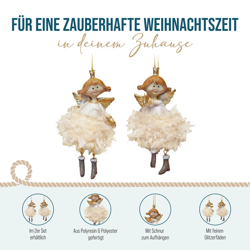 Weihnachtsengel 'Krönchen' Anhänger Creme-Gold, ca. 11 cm, 2er-Set