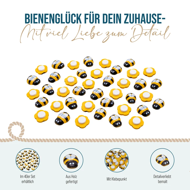 Holzbienen Deko mit Klebepunkt, ca. 1,5 cm, 40er-Set