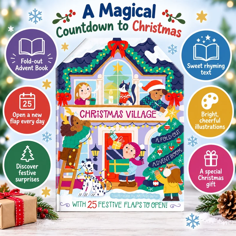 Christmas Village Fold-out Advent Calendar Book, Children's 25-Flap Advent Book