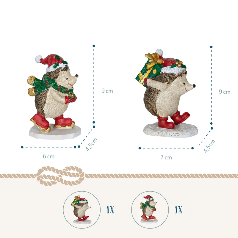 Deko-Igel auf Schlittschuhen mit Weihnachtsmütze, ca. 9 cm, 2er-Set