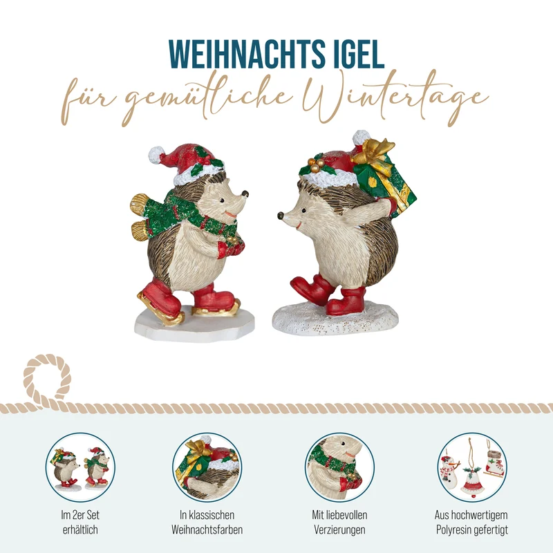Deko-Igel auf Schlittschuhen mit Weihnachtsmütze, ca. 9 cm, 2er-Set