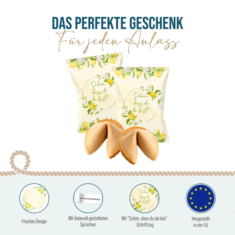 Glückskekse 25er Set Zitronen-Motiv – Schön, dass du da bist