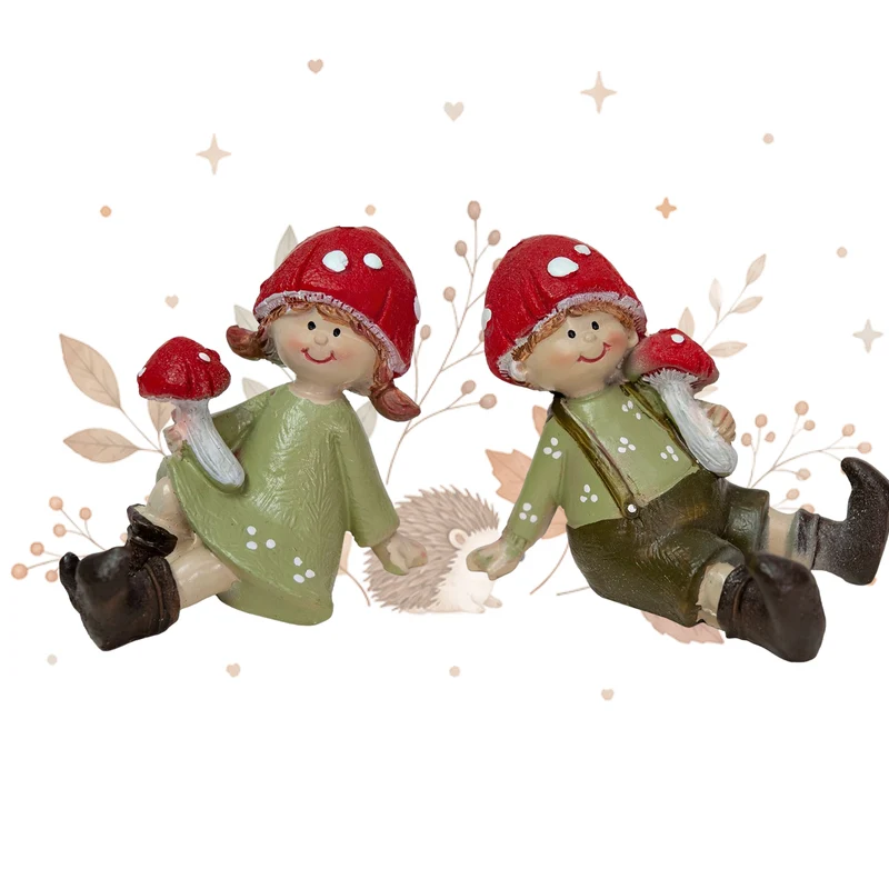 Fliegenpilz-Kinder Figuren 2er Set sitzend 7,5 x 5 x 6,5 cm rot grün