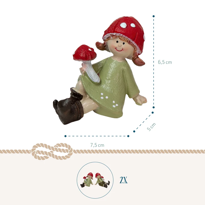 Fliegenpilz-Kinder Figuren 2er Set sitzend 7,5 x 5 x 6,5 cm rot grün