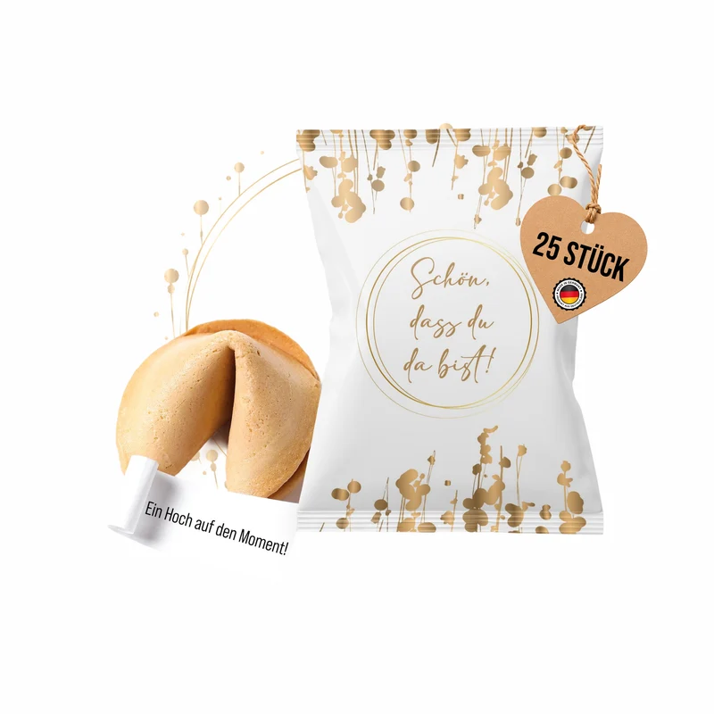 Glückskekse Hochzeit 25er Set weiß gold – Schön, dass du da bist