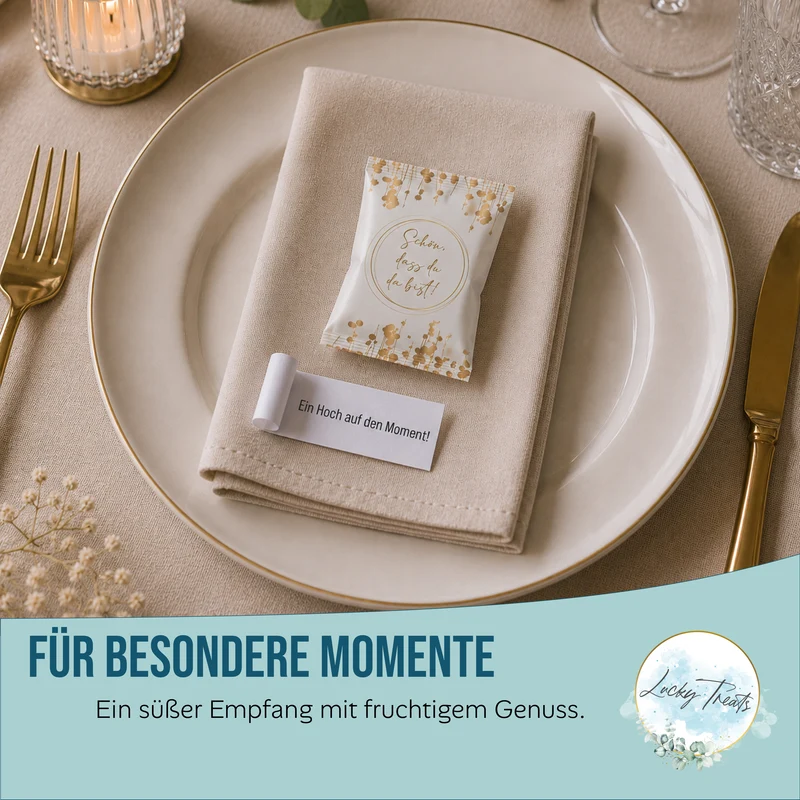 Glückskekse Hochzeit 25er Set weiß gold – Schön, dass du da bist