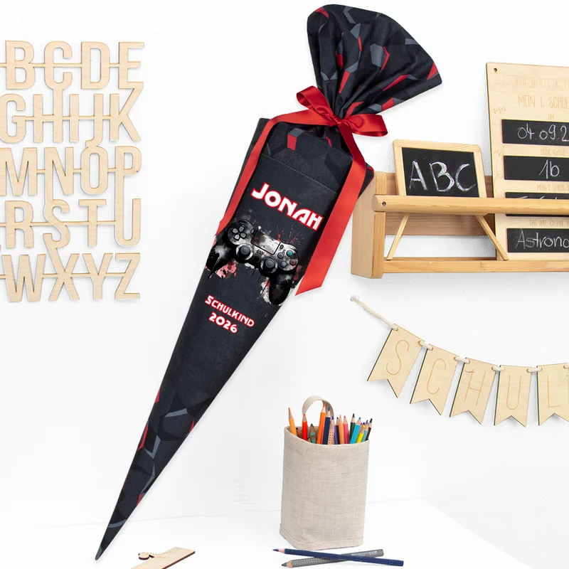 Deine Schultüte aus Stoff mit Wunschname - Jungs Modell 4 - 70 cm