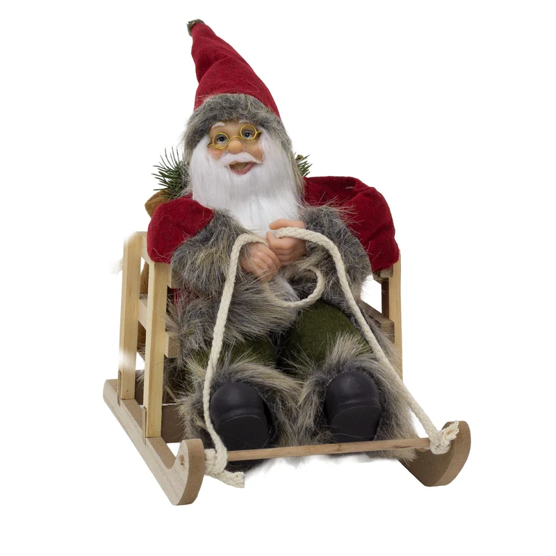 Traditional Santa Claus on Wooden Sleigh | Rustic Father Christmas Figurine