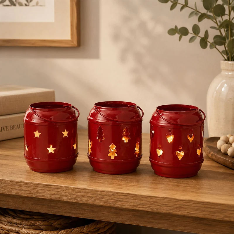 Set of 3 Red Metal Tealight Candle Hanging Lanterns, Moroccan Style Cut-Out