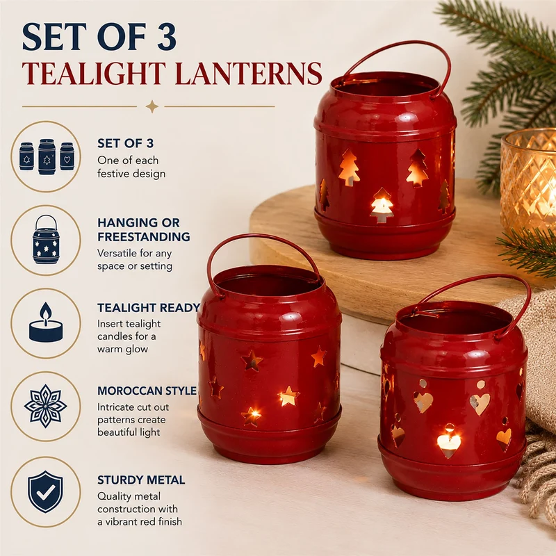 Set of 3 Red Metal Tealight Candle Hanging Lanterns, Moroccan Style Cut-Out