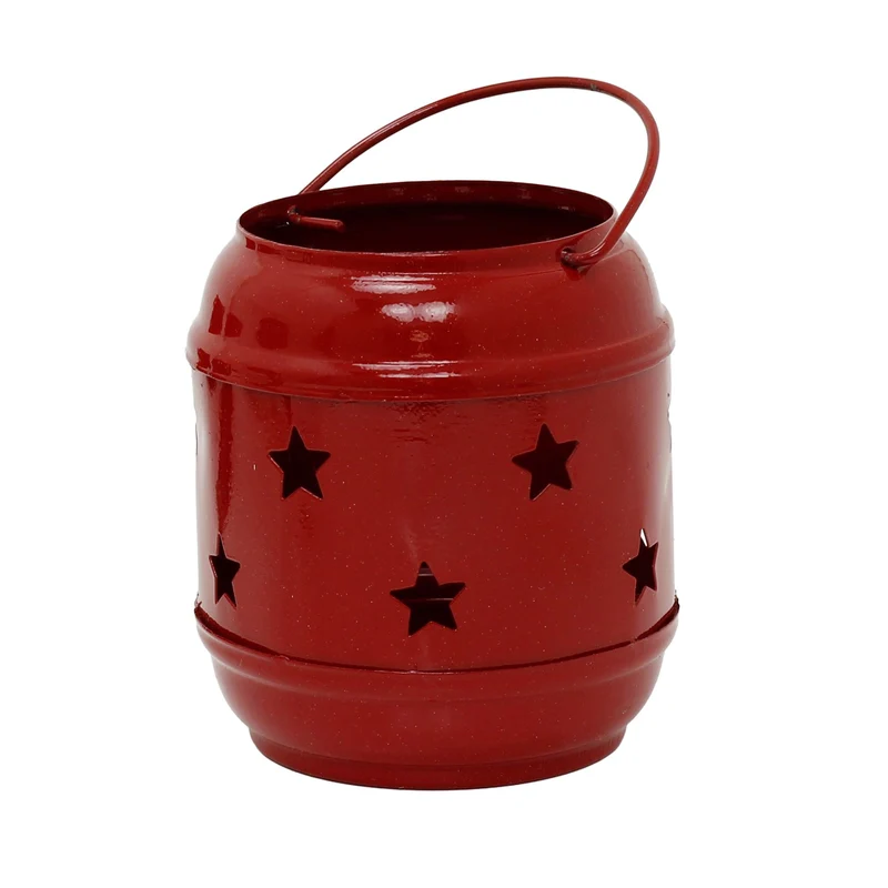 Set of 3 Red Metal Tealight Candle Hanging Lanterns, Moroccan Style Cut-Out