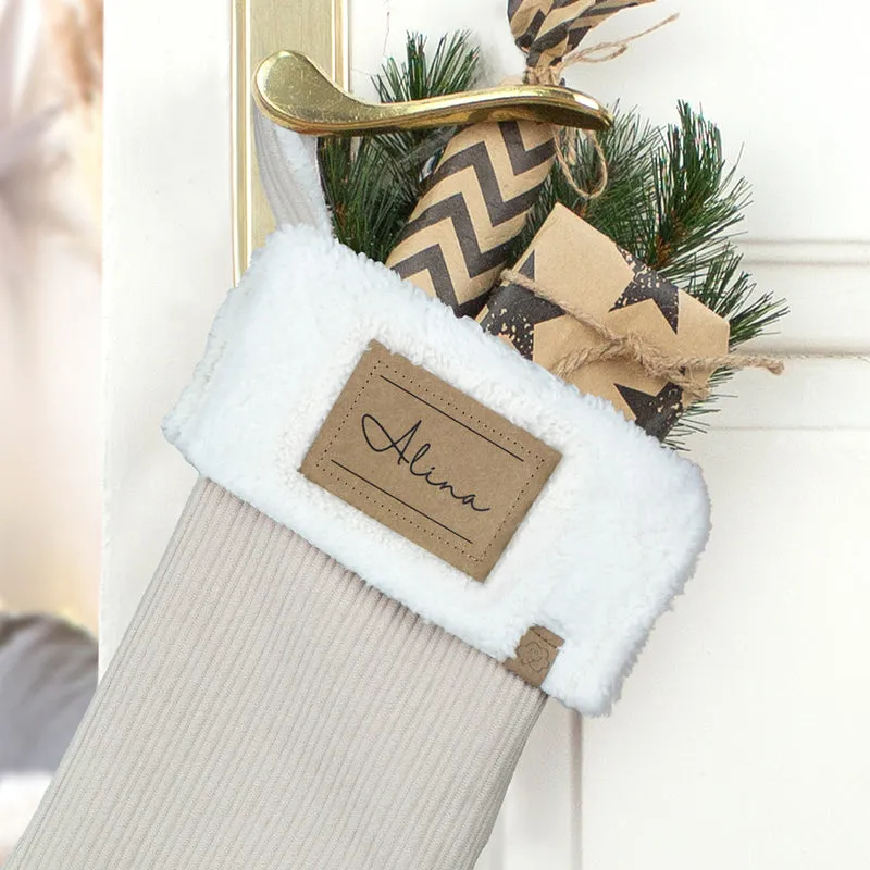 Nikolausstrumpf zum Befüllen Weihnachtssocke personalisiert mit Name Etikett - sand