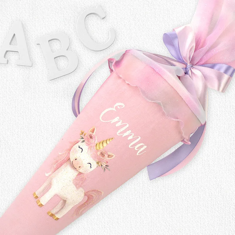 Schultüte aus Leinen & Glitzer Tüll individualisierbar mit Wunschname 70 cm - rosa - Einhorn