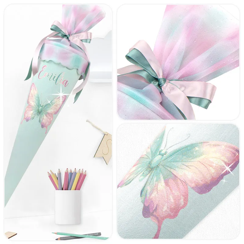 Schultüte aus Leinen & Glitzer Tüll individualisierbar mit Wunschname 70 cm - mint - Schmetterling