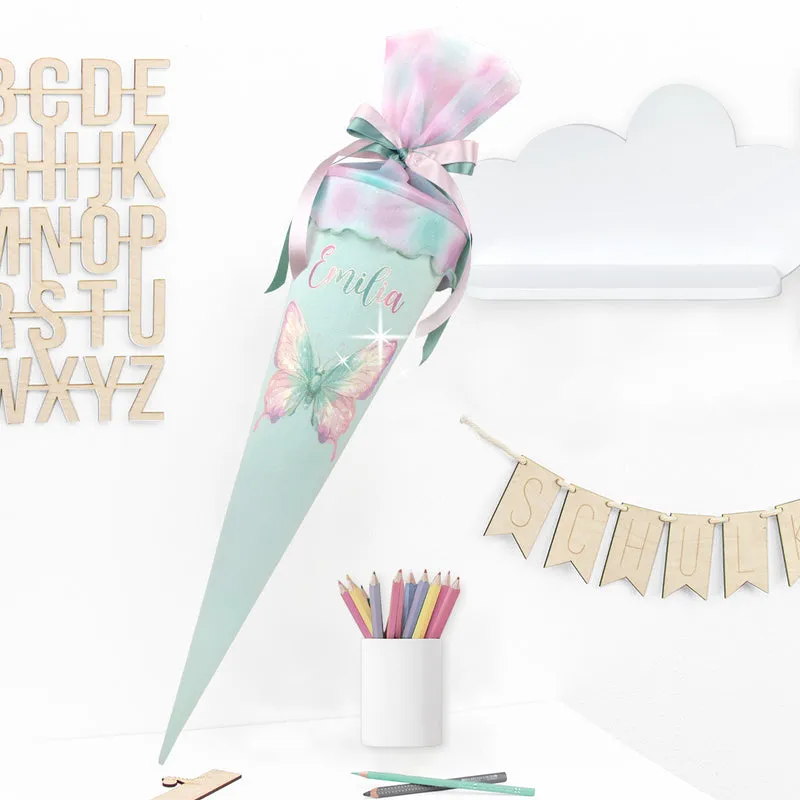 Schultüte aus Leinen & Glitzer Tüll individualisierbar mit Wunschname 70 cm - mint - Schmetterling
