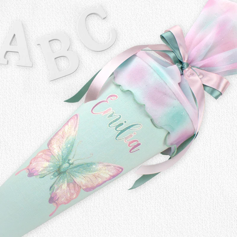 Schultüte aus Leinen & Glitzer Tüll individualisierbar mit Wunschname 70 cm - mint - Schmetterling