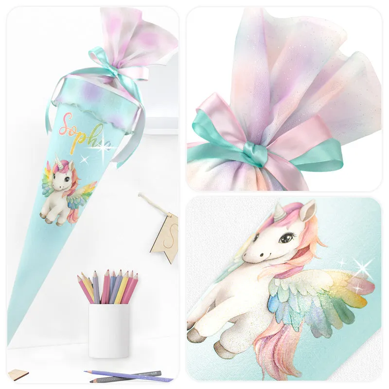 Schultüte aus Leinen & Glitzer Tüll individualisierbar mit Wunschname 70 cm - mint - Pegasus
