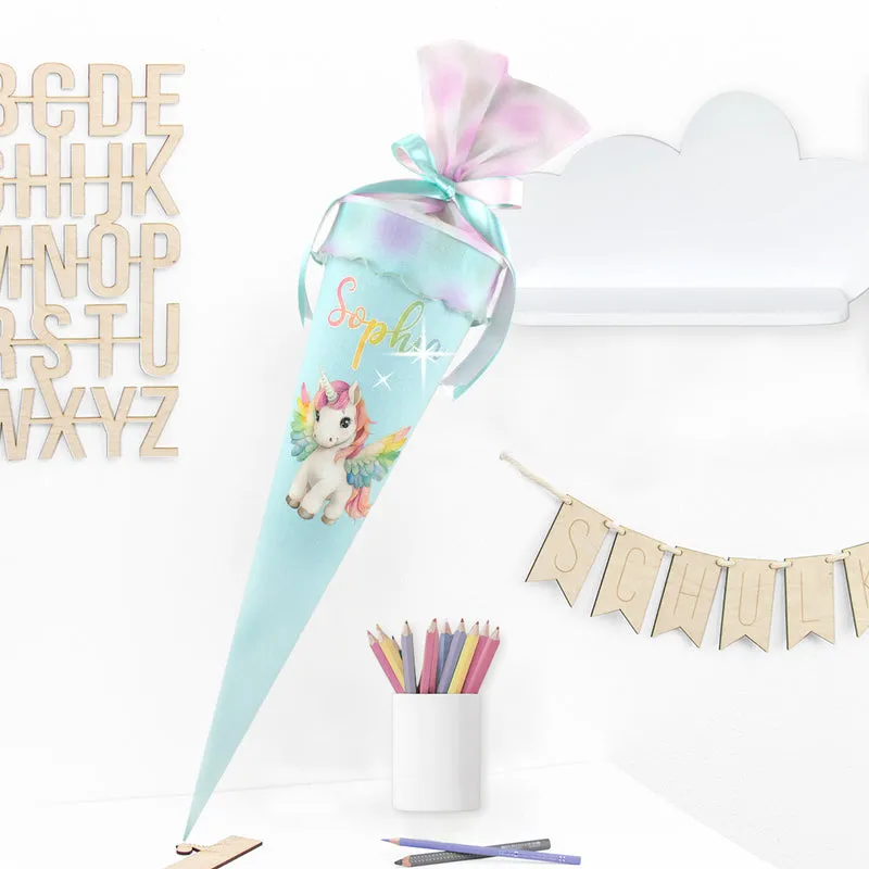 Schultüte aus Leinen & Glitzer Tüll individualisierbar mit Wunschname 70 cm - mint - Pegasus