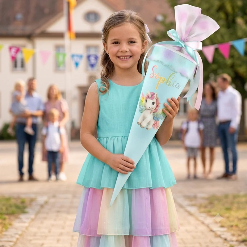 Schultüte aus Leinen & Glitzer Tüll individualisierbar mit Wunschname 70 cm - mint - Pegasus