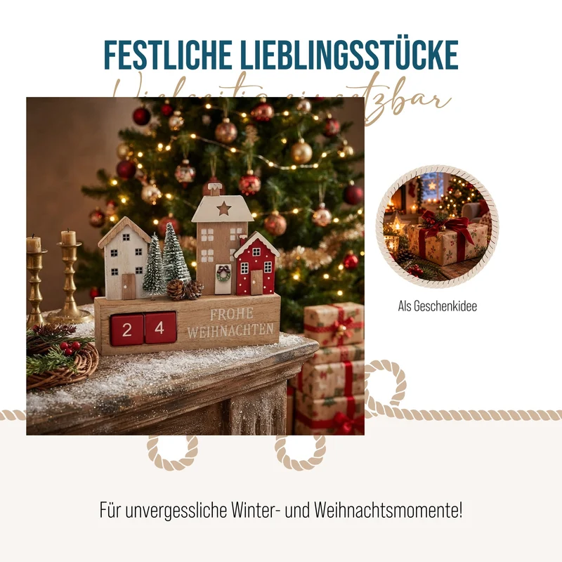 Holz Adventskalender Winterstadt Datumswürfel 18 x 16 cm