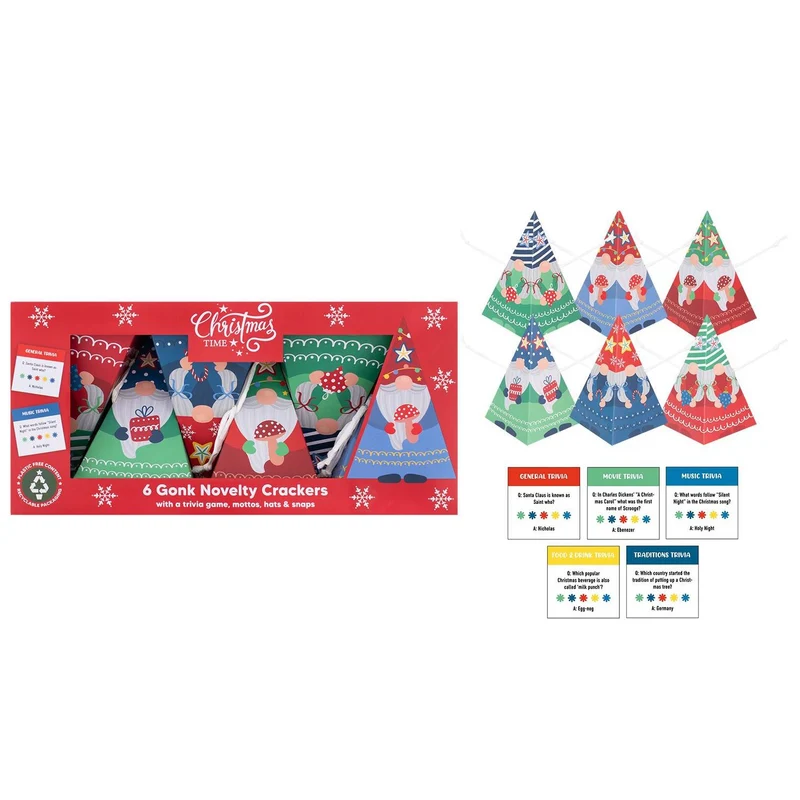 Gonk Pyramid Christmas Crackers | Set of 6 Novelty Family Crackers & Trivia Game