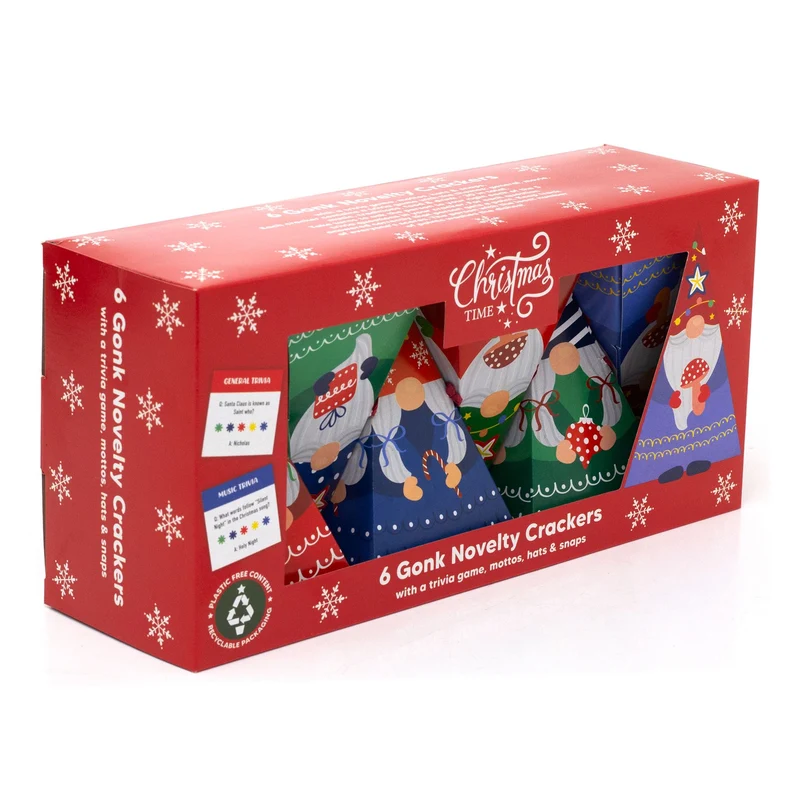 Gonk Pyramid Christmas Crackers | Set of 6 Novelty Family Crackers & Trivia Game