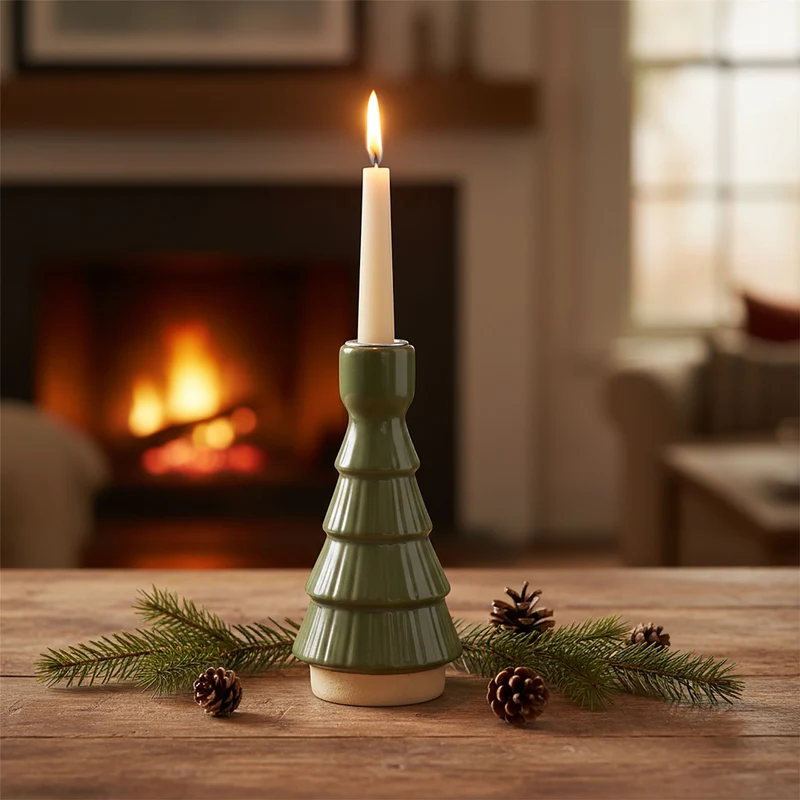 Christmas Tree Candle Holder, 16cm Green Candlestick Holder with Metal Cup