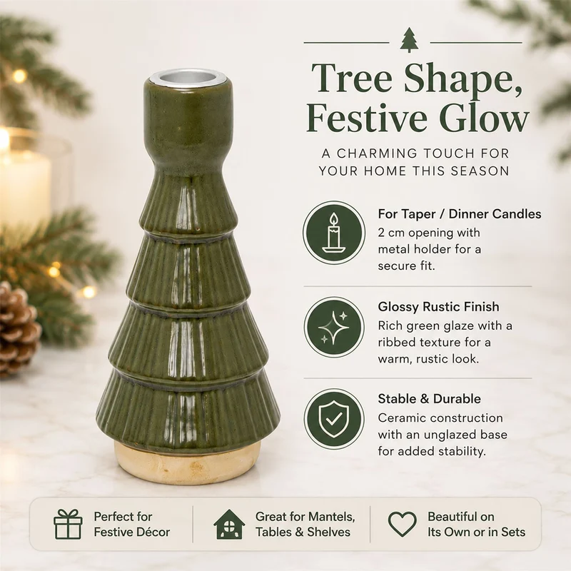 Christmas Tree Candle Holder, 16cm Green Candlestick Holder with Metal Cup