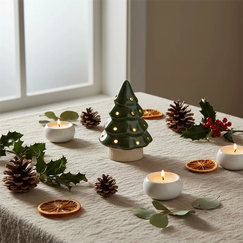 Christmas Tree LED Light, 13cm Battery Operated Green Ceramic Decoration