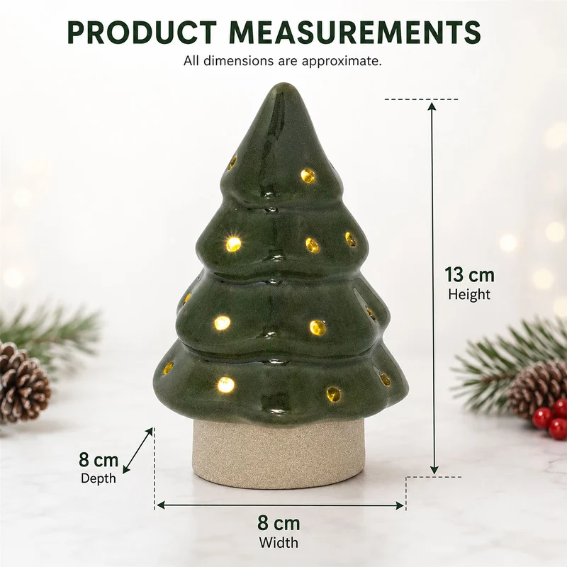 Christmas Tree LED Light, 13cm Battery Operated Green Ceramic Decoration