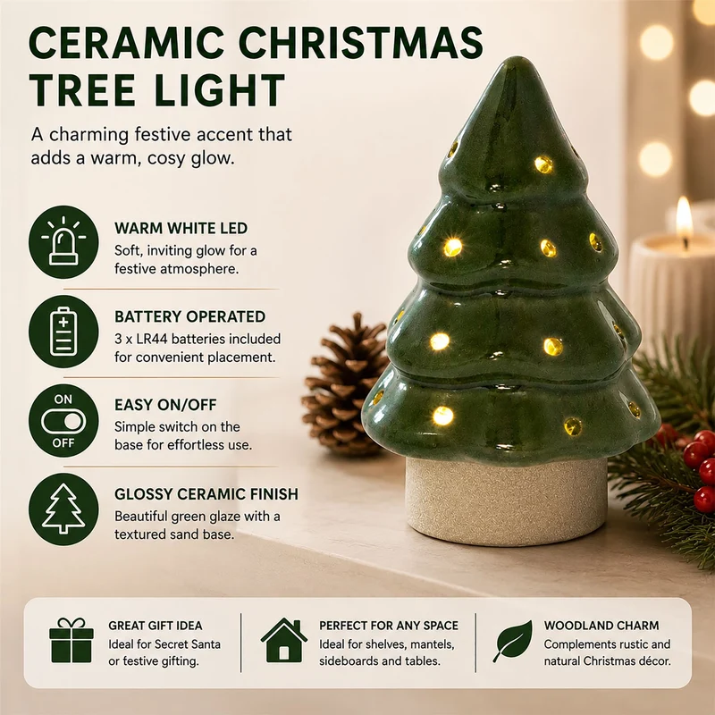 Christmas Tree LED Light, 13cm Battery Operated Green Ceramic Decoration