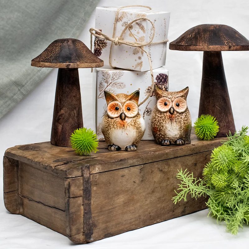 Eulen 2er-Set Keramik braun grün ca. 8 cm - Herbstdeko & Tierfigur