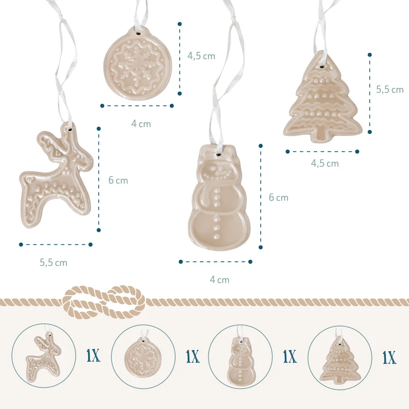 Porzellan-Anhänger Lebkuchenmotive Creme-Braun, ca. 4,5-6 cm, 4er-Set