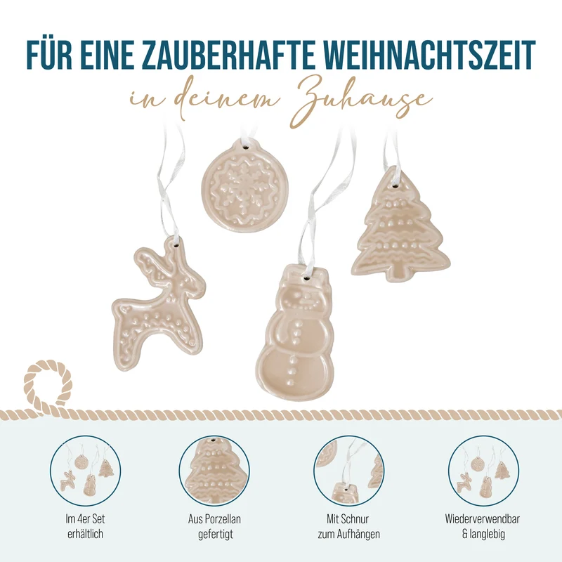Porzellan-Anhänger Lebkuchenmotive Creme-Braun, ca. 4,5-6 cm, 4er-Set
