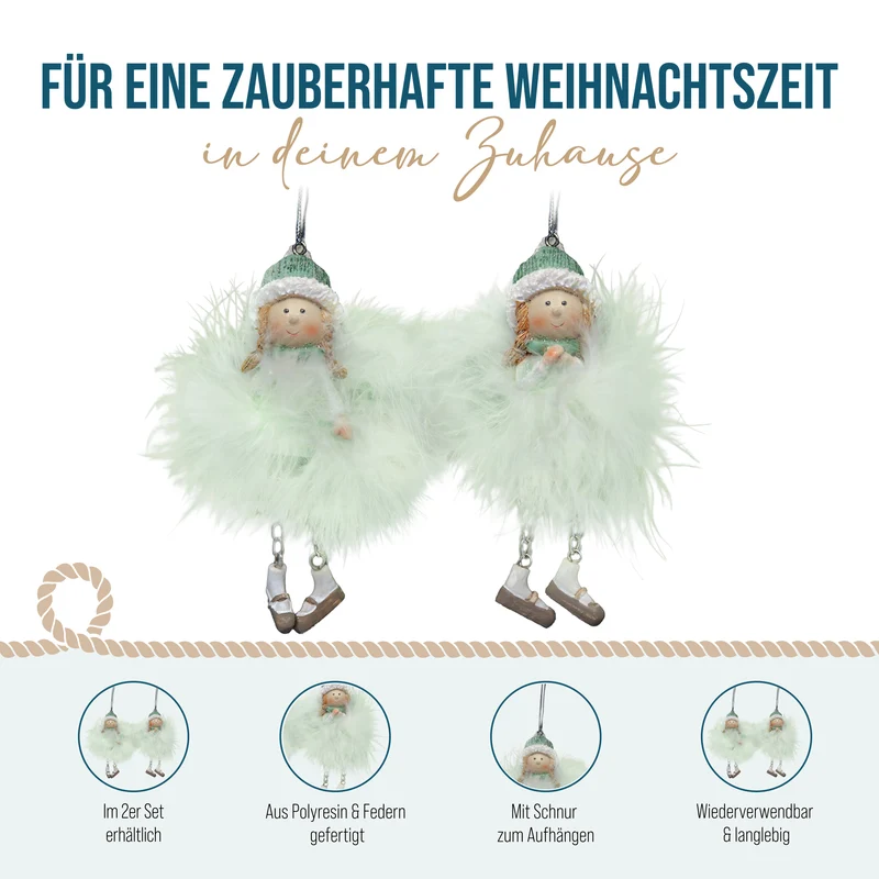 Engel-Anhänger mit Federn Mintgrün-Silber, 11 cm, 2er-Set