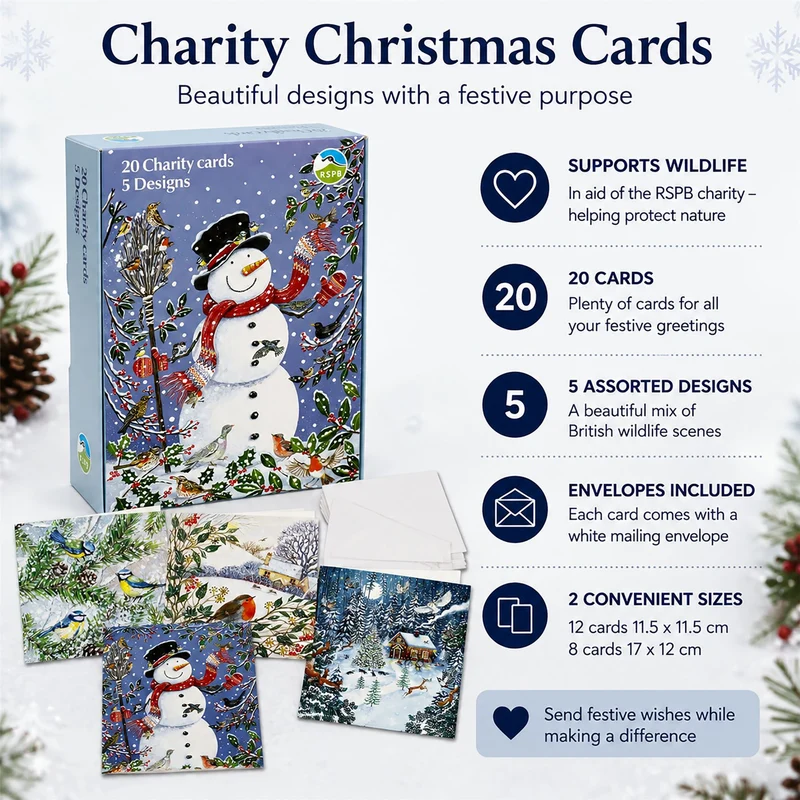 RSPB Charity Christmas Cards Box of 20 Christmas Cards with 5 Designs, Wildlife