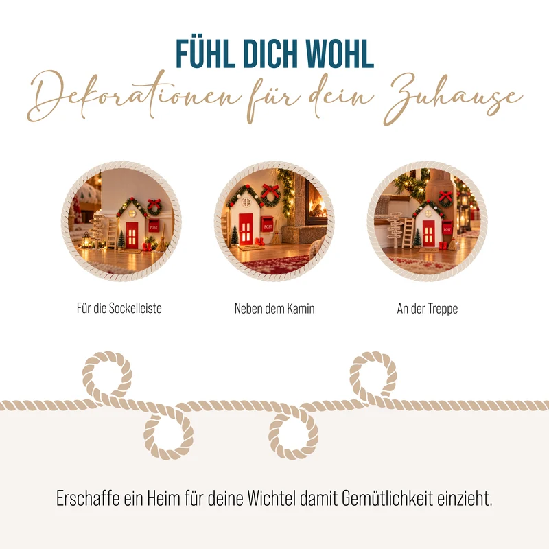 Wichteltür 9 teilig Set aus Sperrholz – Rot, 10,5 x 17,5 cm mit Zubehör