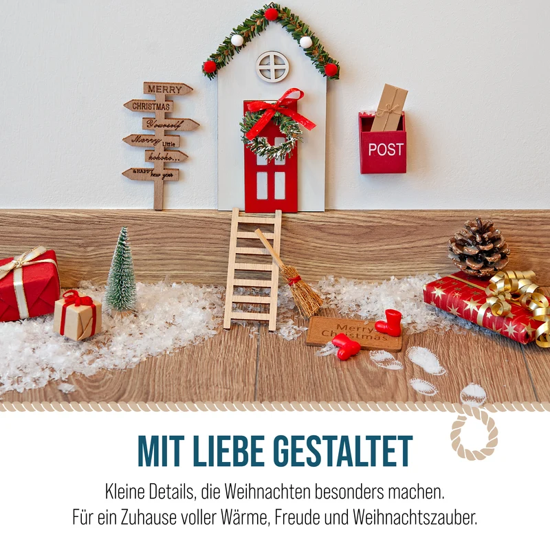 Wichteltür 9 teilig Set aus Sperrholz – Rot, 10,5 x 17,5 cm mit Zubehör