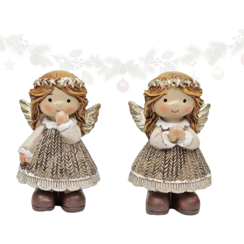 Engel Figuren 2er Set 8 cm – Beige-Gold mit Blütenkranz und Jute-Optik
