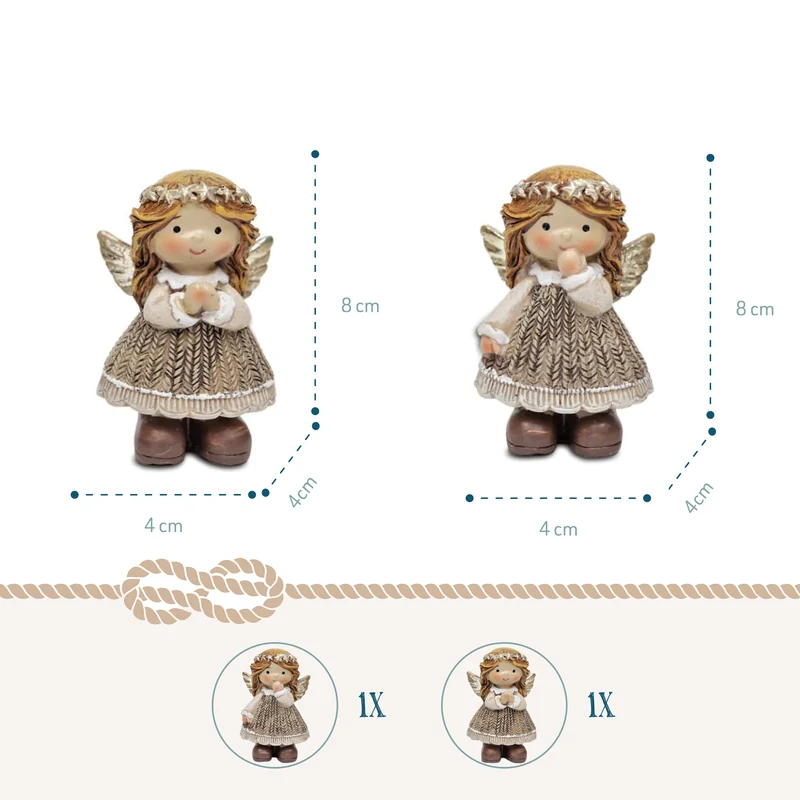 Engel Figuren 2er Set 8 cm – Beige-Gold mit Blütenkranz und Jute-Optik